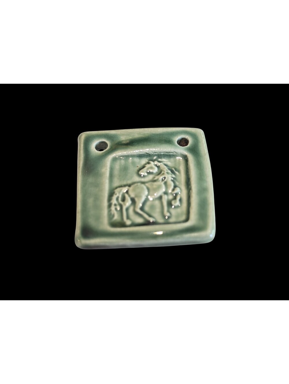 Artisan Green Ceramic Horse Amulet Plaque Bead 2-Hole Focal Link Spacer Pendant